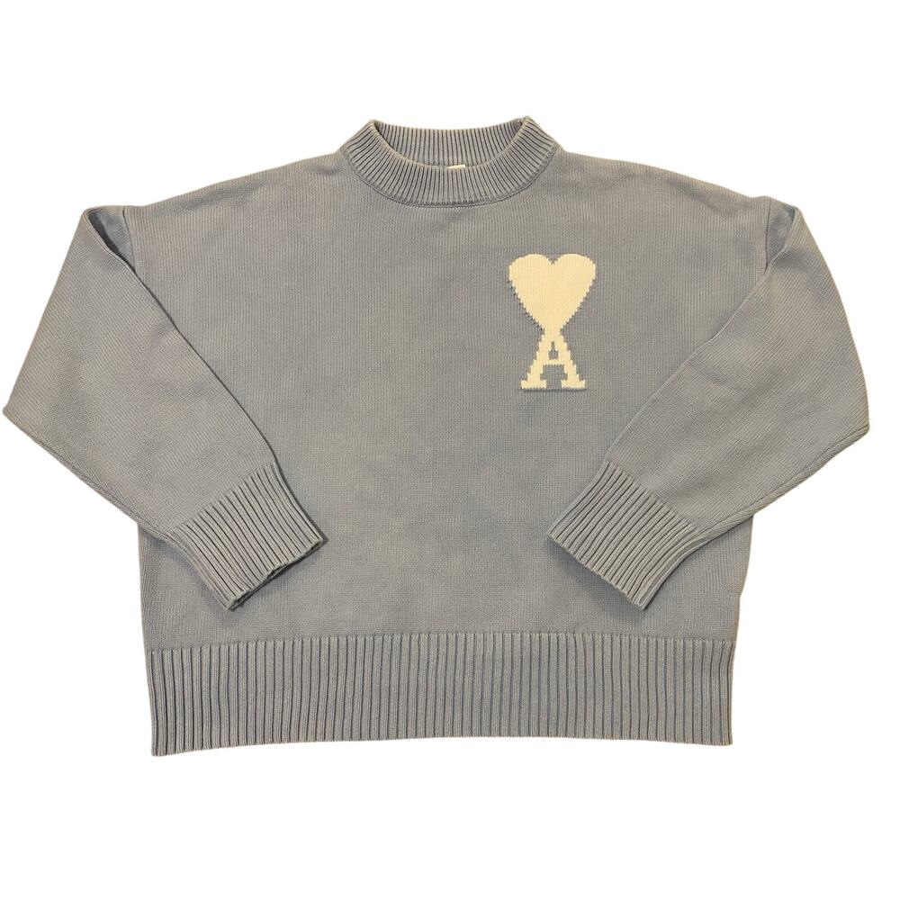AMI Paris Heart Logo Intrarsia knit Sweater L Unisex Blue Oversized Designer